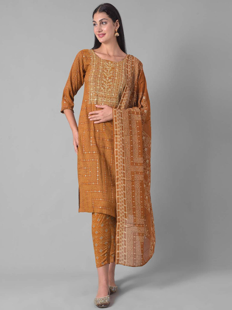 Women Self Design Cotton Blend Straight Kurta With Attached Dupatta  (Yellow)