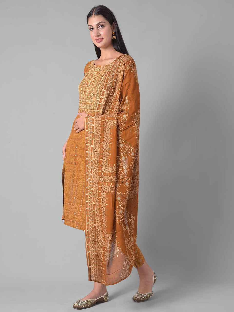Women Self Design Cotton Blend Straight Kurta With Attached Dupatta  (Yellow)