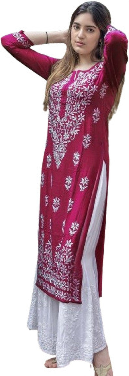 Women Chikan Embroidery Cotton Blend Straight Kurta  (Pink)