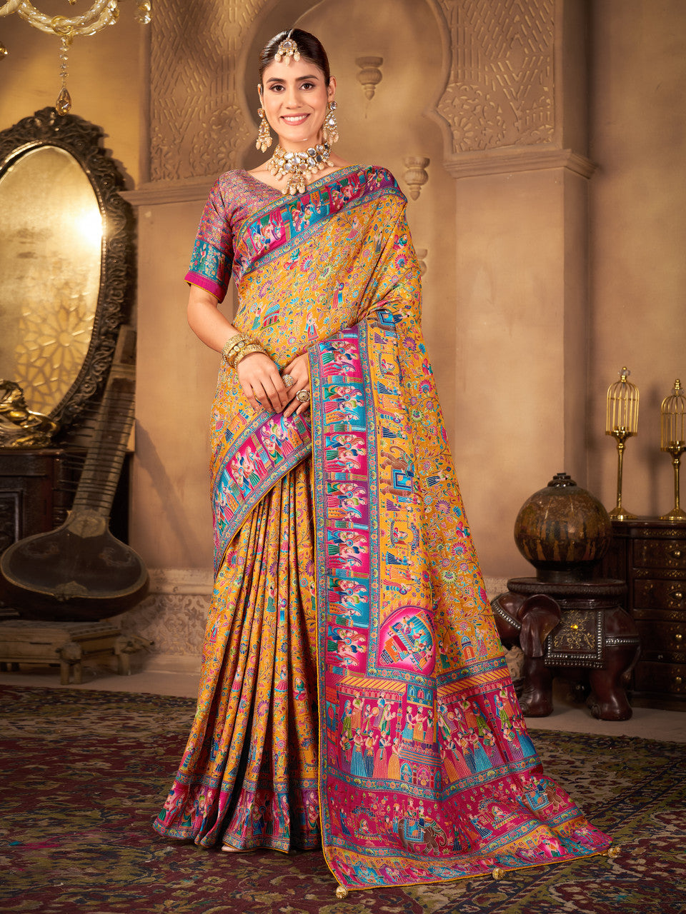 Woven, Digital Print Madhubani Pure Silk, Jacquard Saree  (Yellow)