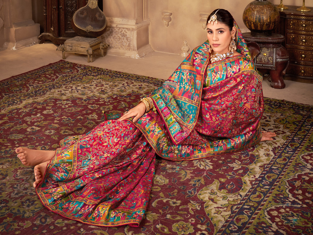 Woven, Digital Print Madhubani Pure Silk, Jacquard Saree  (Pink)