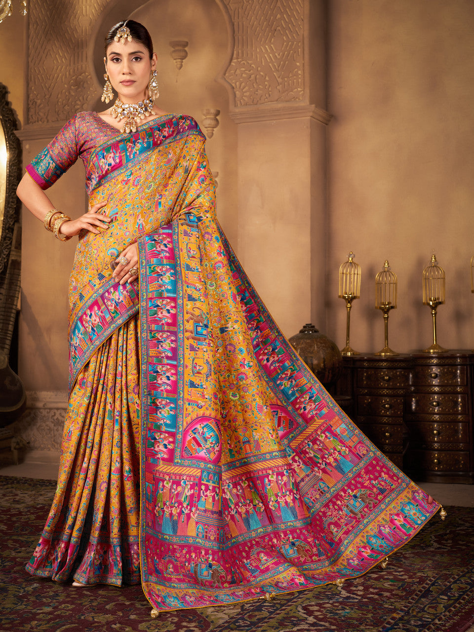 Woven, Digital Print Madhubani Pure Silk, Jacquard Saree  (Yellow)