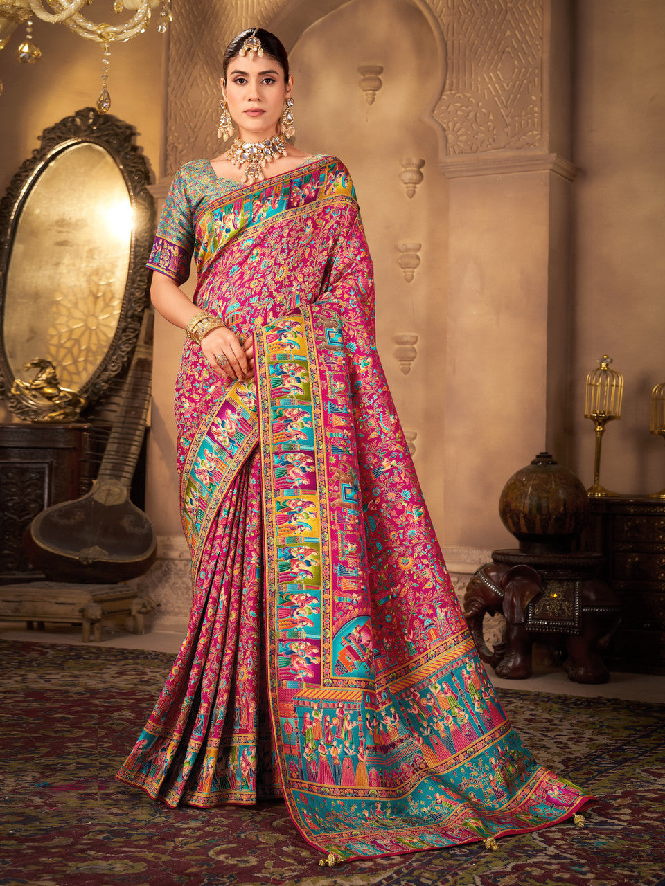 Woven, Digital Print Madhubani Pure Silk, Jacquard Saree  (Pink)