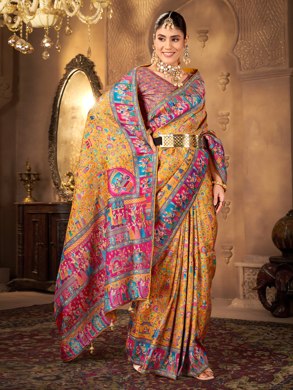 Woven, Digital Print Madhubani Pure Silk, Jacquard Saree  (Yellow)