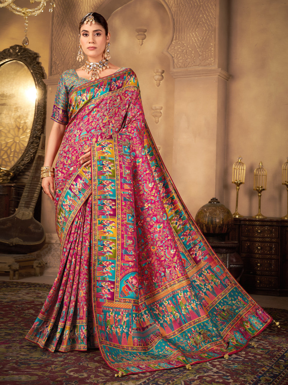 Woven, Digital Print Madhubani Pure Silk, Jacquard Saree  (Pink)