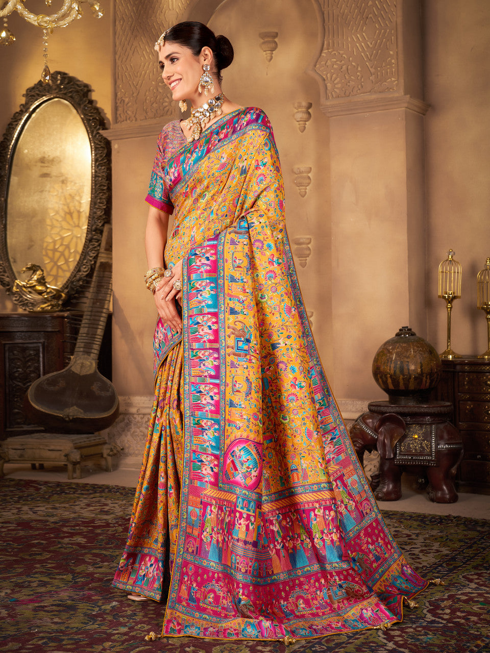 Woven, Digital Print Madhubani Pure Silk, Jacquard Saree  (Yellow)