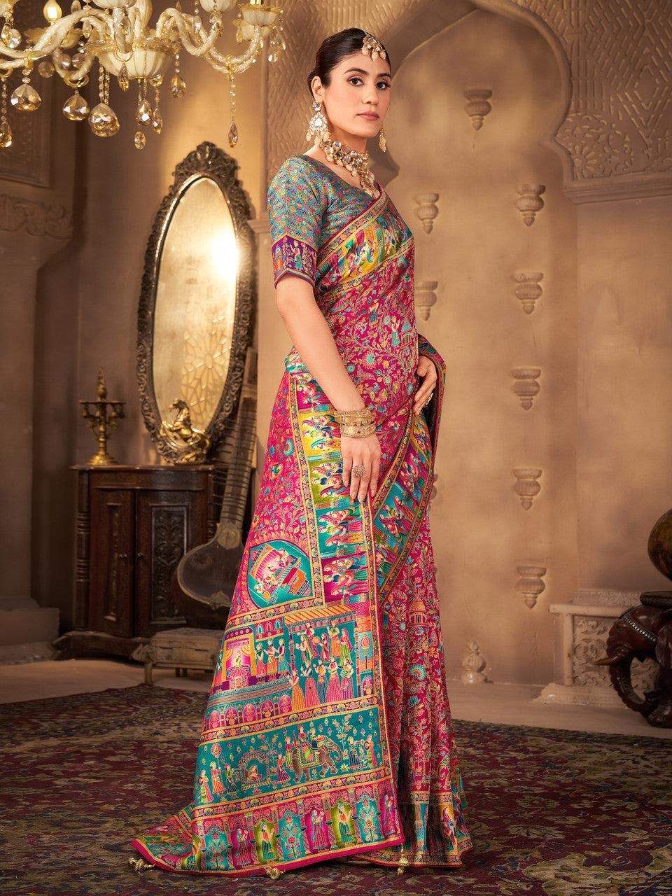 Woven, Digital Print Madhubani Pure Silk, Jacquard Saree  (Pink)