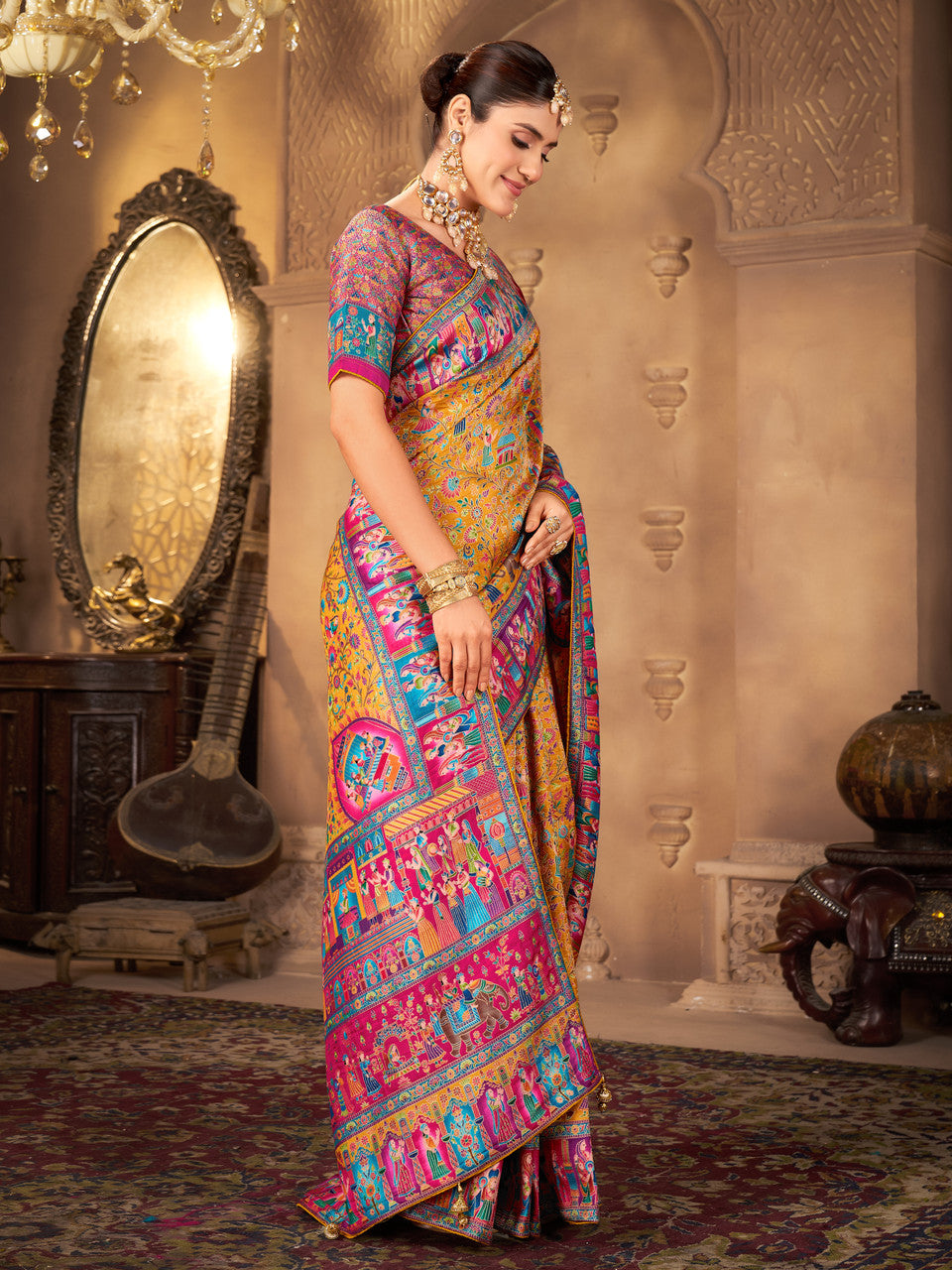 Woven, Digital Print Madhubani Pure Silk, Jacquard Saree  (Yellow)