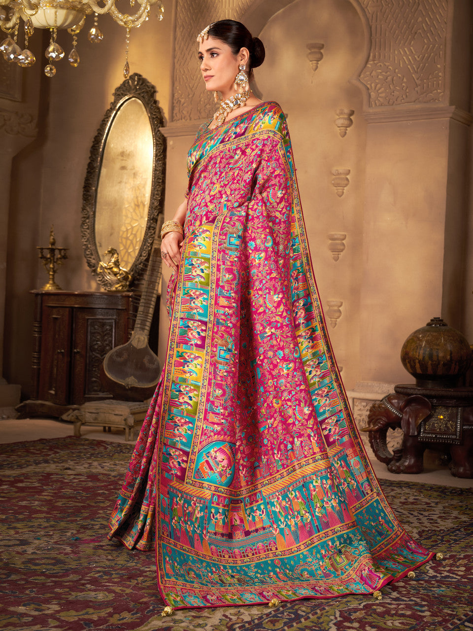 Woven, Digital Print Madhubani Pure Silk, Jacquard Saree  (Pink)