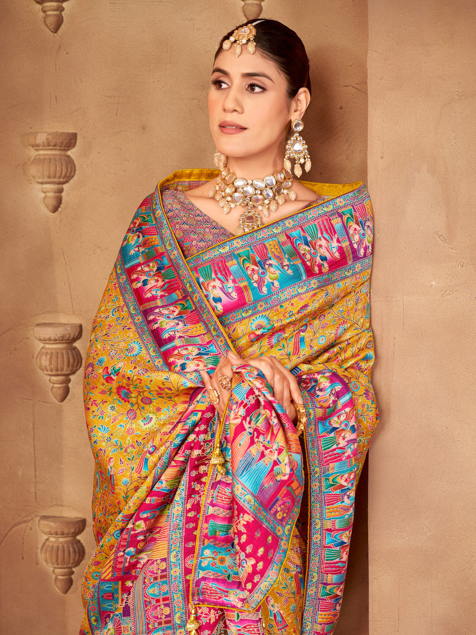 Woven, Digital Print Madhubani Pure Silk, Jacquard Saree  (Yellow)