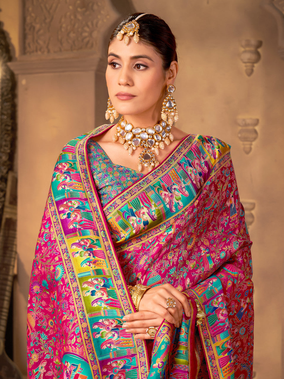 Woven, Digital Print Madhubani Pure Silk, Jacquard Saree  (Pink)