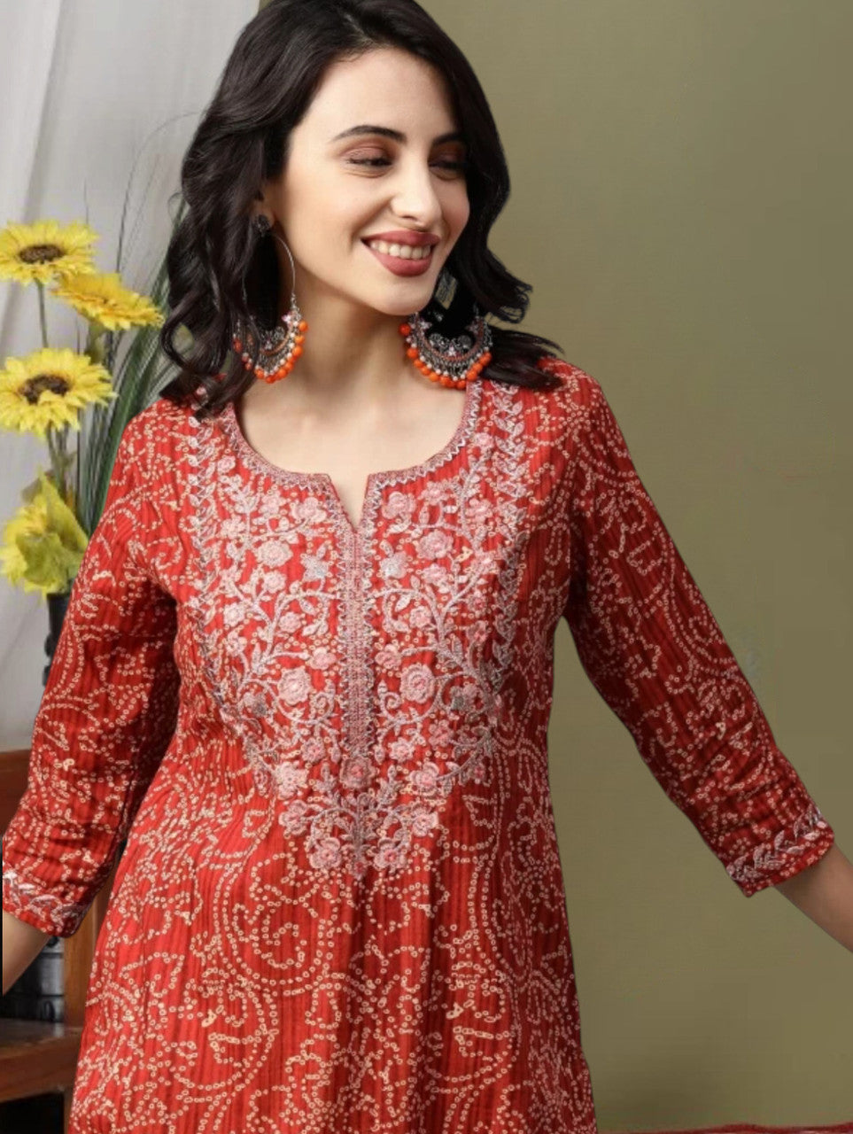Women Printed, Embroidered Viscose Rayon Straight Kurta  (Red)