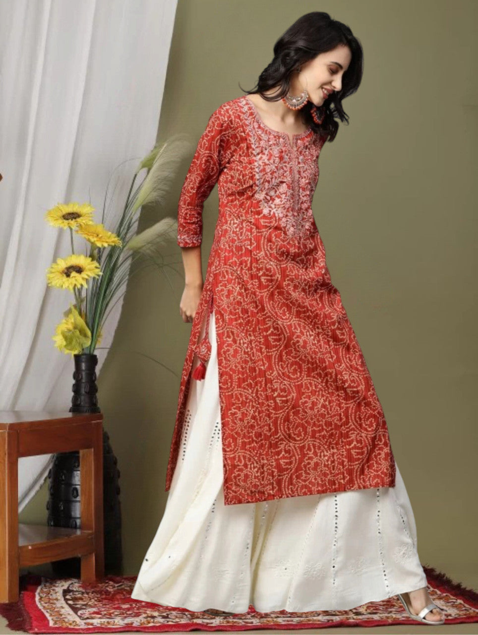 Women Printed, Embroidered Viscose Rayon Straight Kurta  (Red)