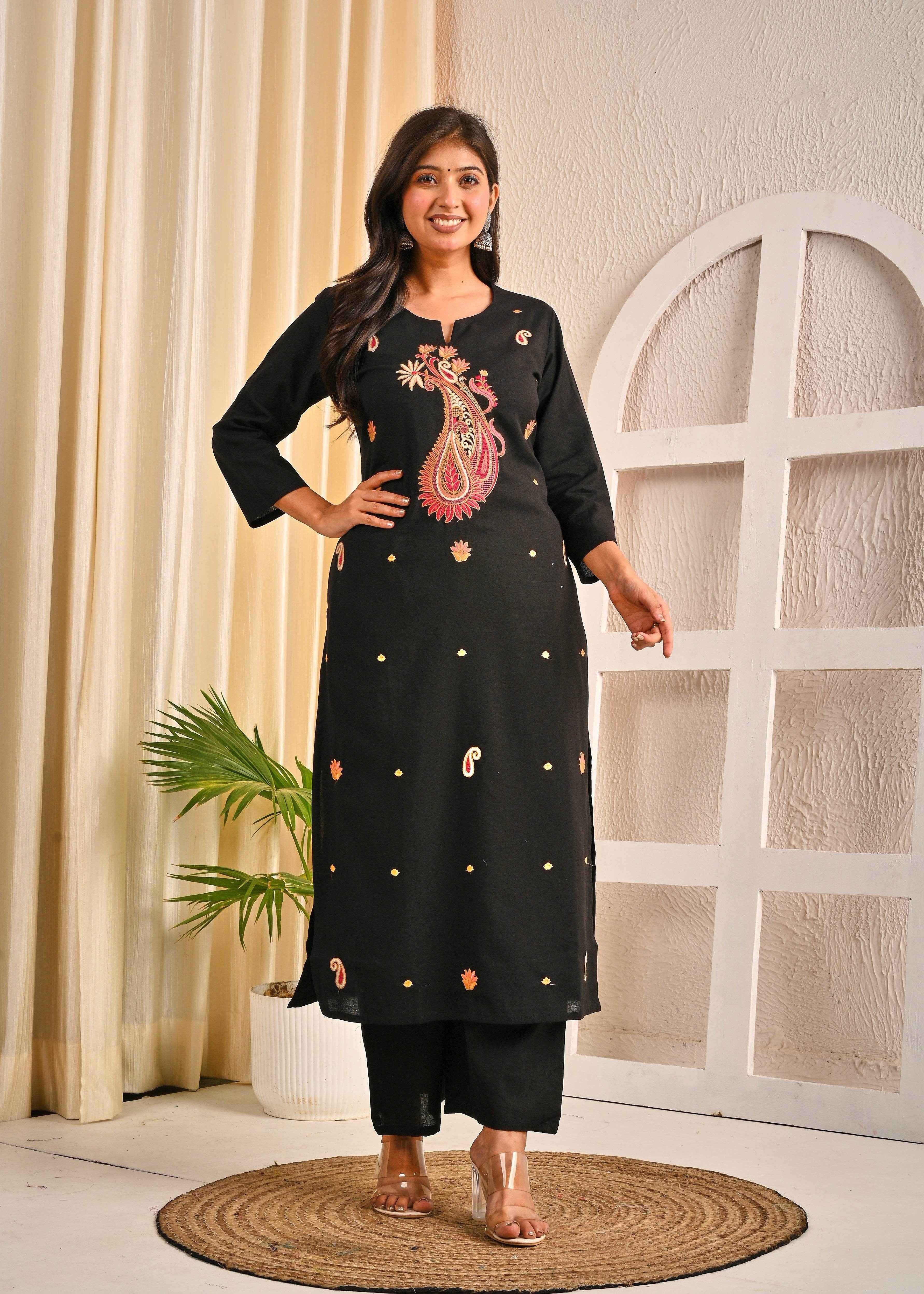Black Cotton Women’s White Floral Kurta Set