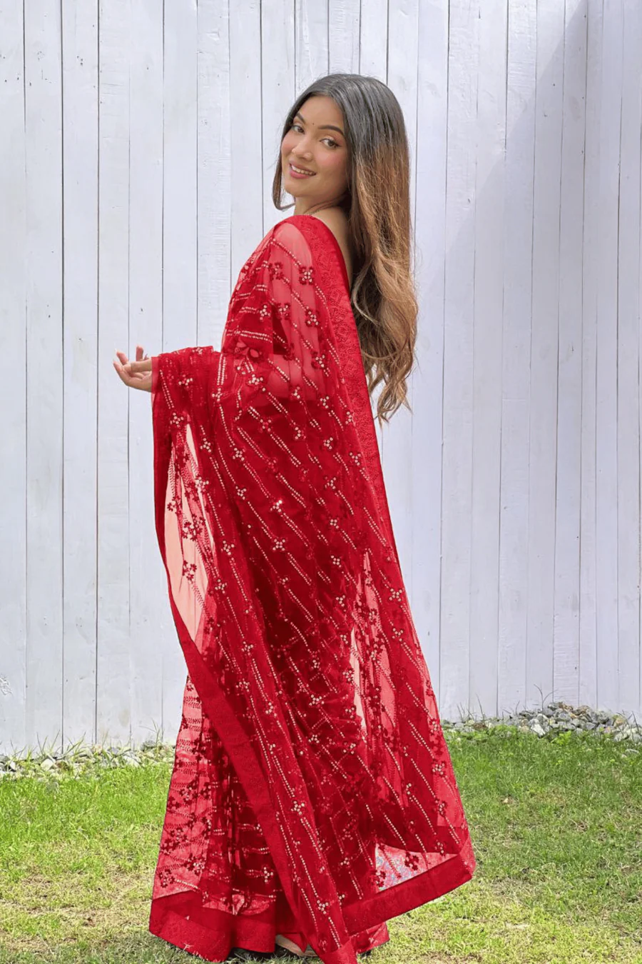 Gorgeous Sequins Net Reception Wear Saree With Blouse (Unstitched)