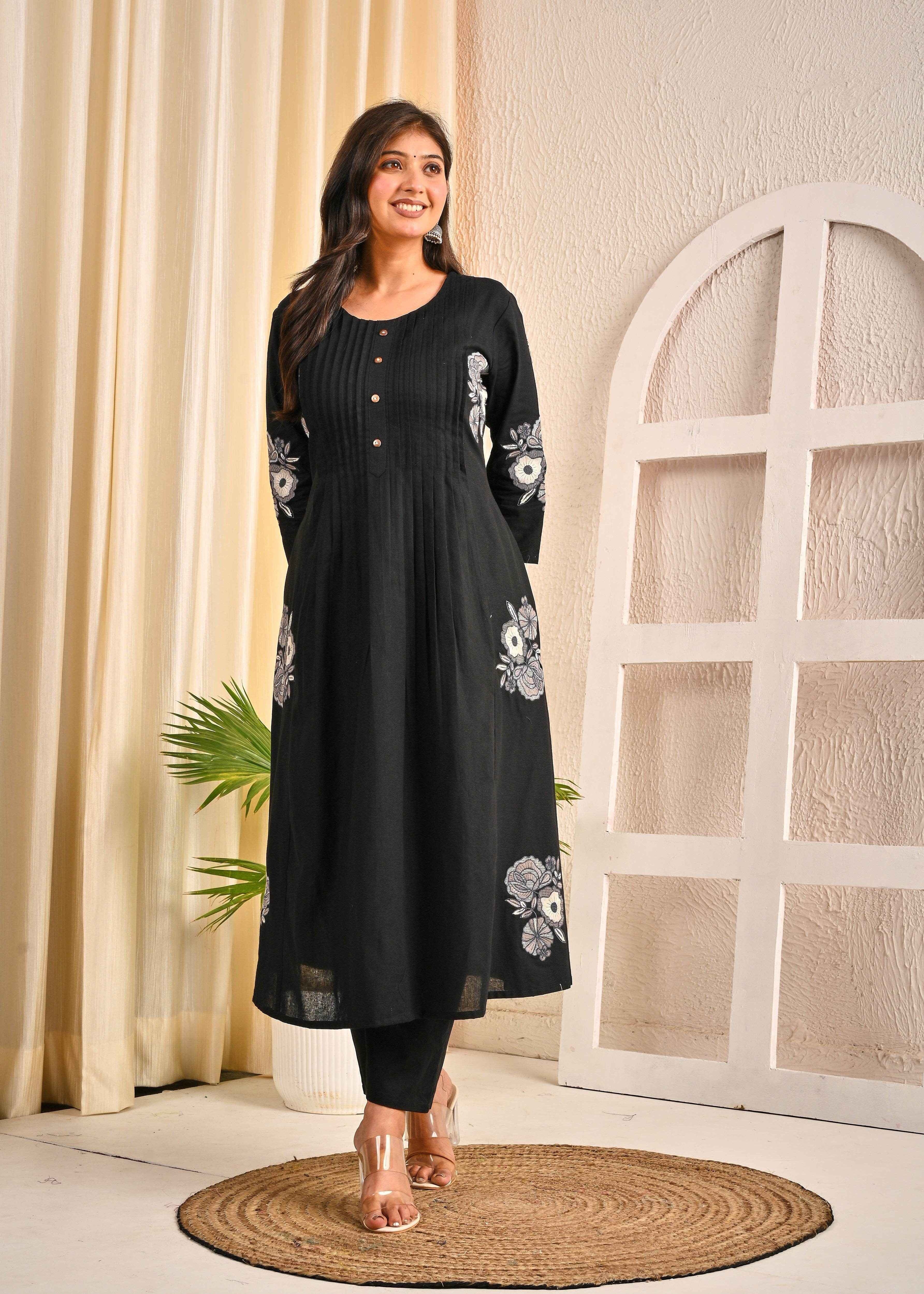 Black Cotton Women’s White Floral Kurta Set
