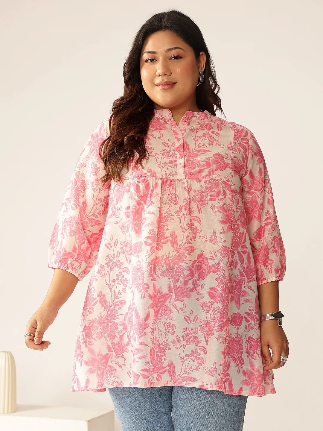 Plus Size Pink Silk Blend Floral Printed A-line Tunic