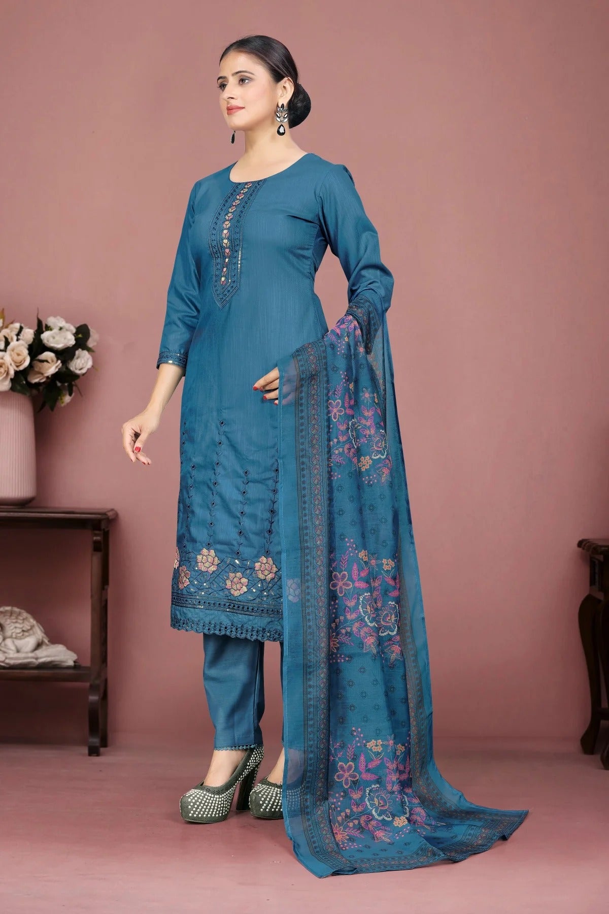 Teal Blue Silk Kurta Set with Floral Thread Embroidery & Printed Dupatta