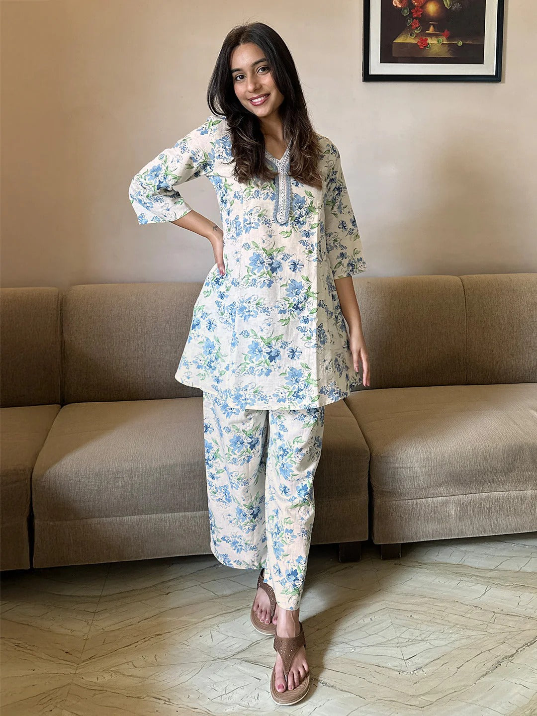 Off White Cotton Yoke Embroidery A-line Co-ord Set