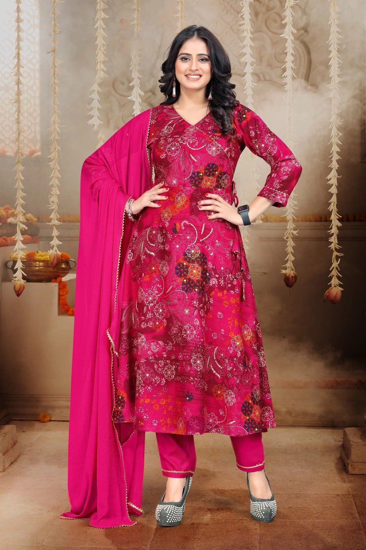 Magenta Pink Floral Printed Silk Blend Kurta Set with Solid Chiffon Dupatta