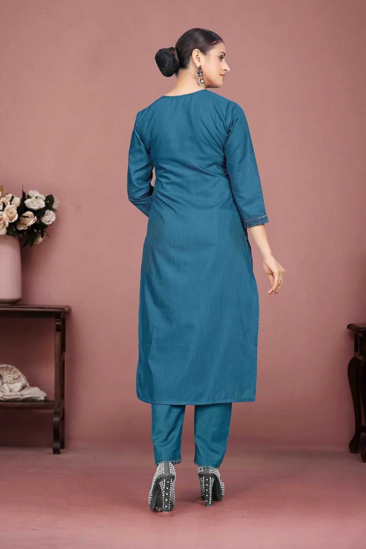 Teal Blue Silk Kurta Set with Floral Thread Embroidery & Printed Dupatta