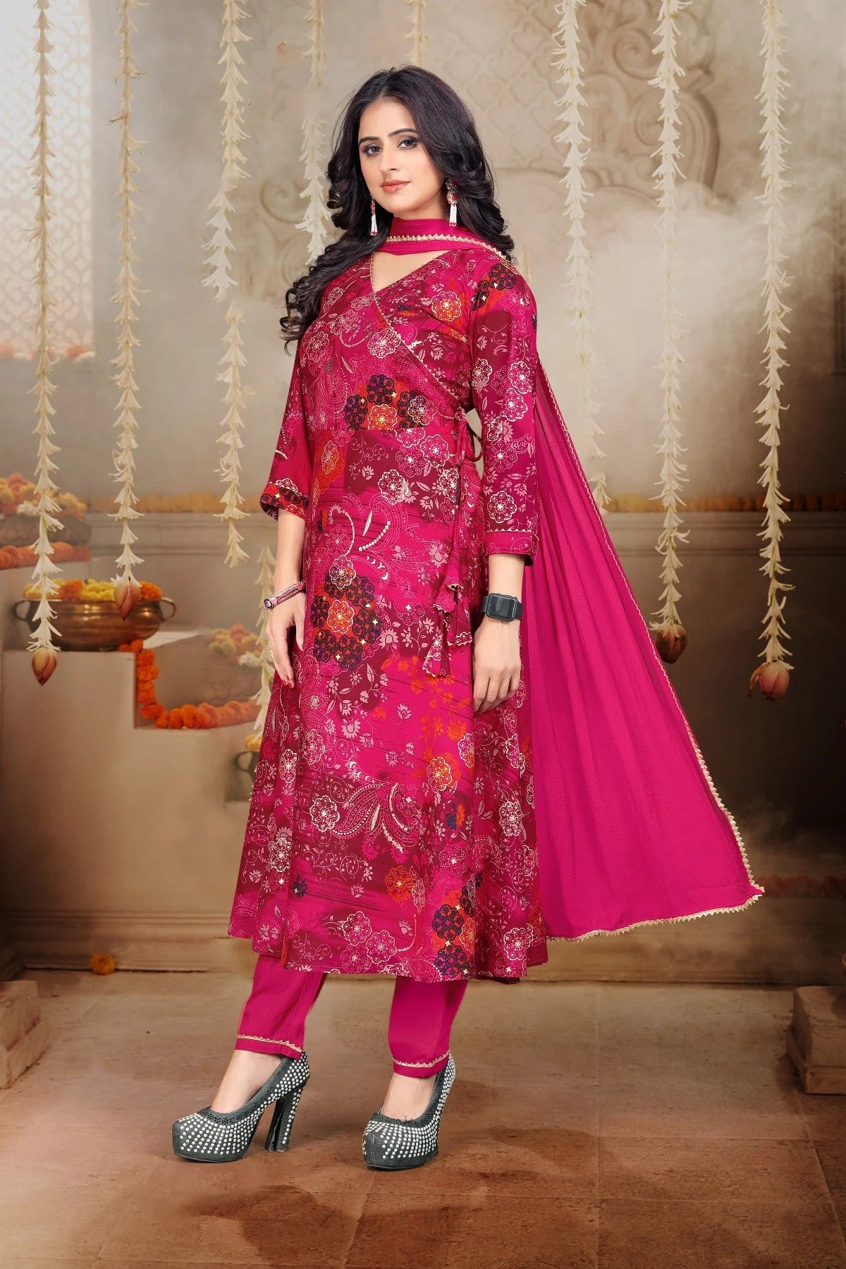 Magenta Pink Floral Printed Silk Blend Kurta Set with Solid Chiffon Dupatta