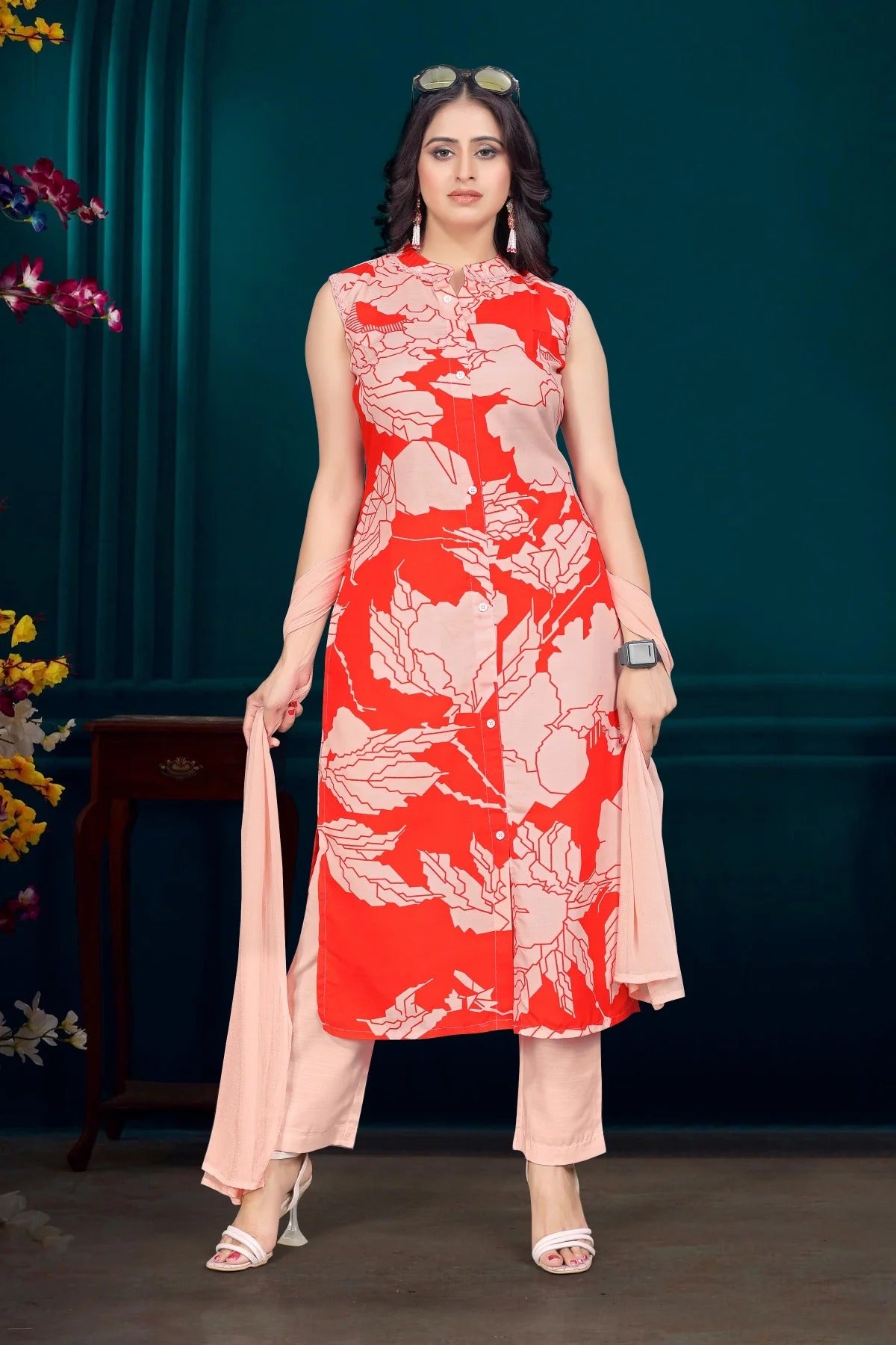 Red & Peach Abstract Printed Cotton Blend Kurta Set with Tie-Up Neck and Solid Dupatta