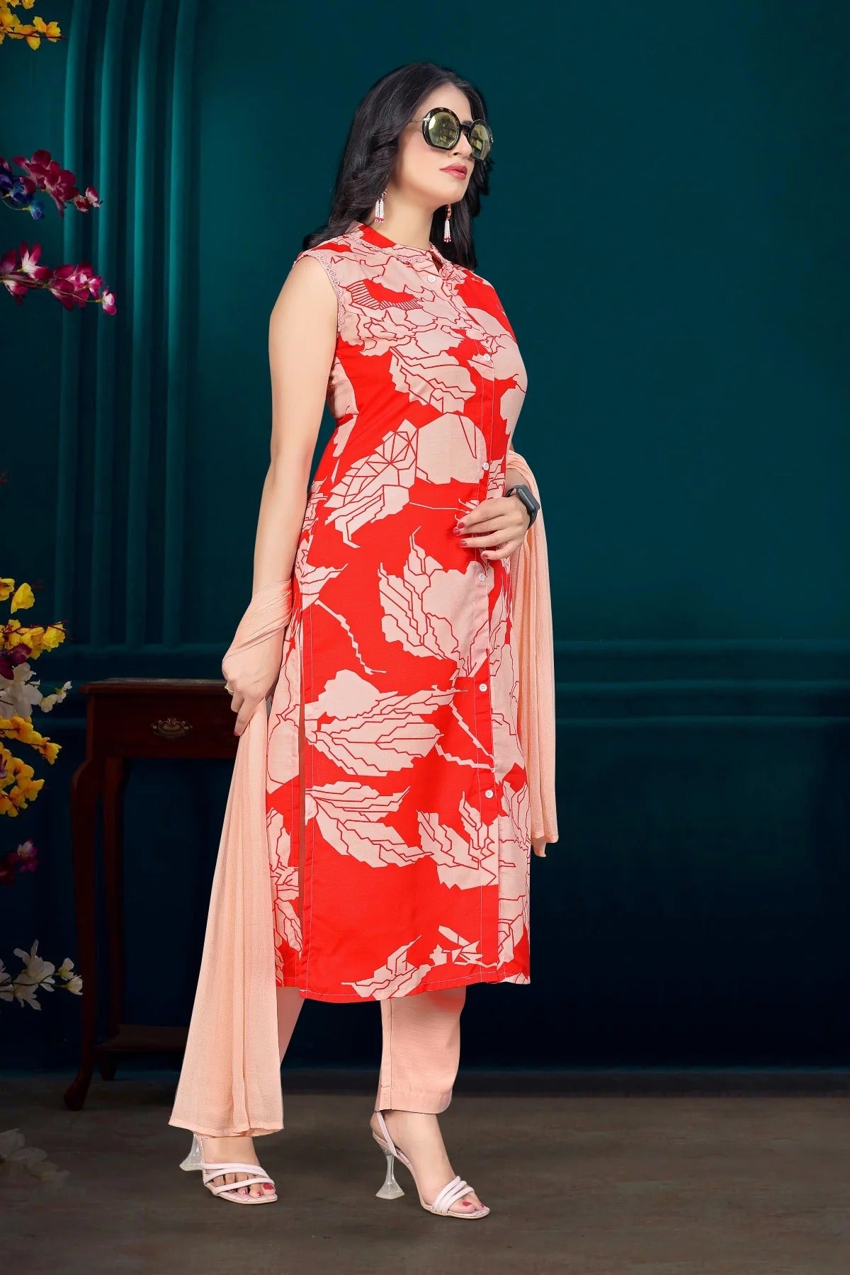 Red & Peach Abstract Printed Cotton Blend Kurta Set with Tie-Up Neck and Solid Dupatta