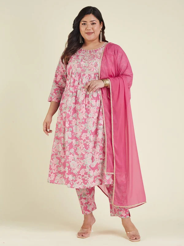 Women's Plus Size Pink Pure Cotton Yoke Embroidered Floral Printed A-line Kurta Set