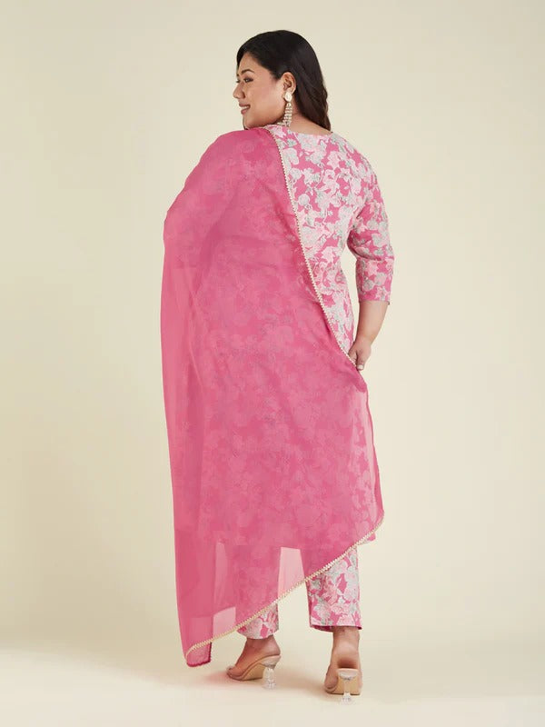 Women's Plus Size Pink Pure Cotton Yoke Embroidered Floral Printed A-line Kurta Set