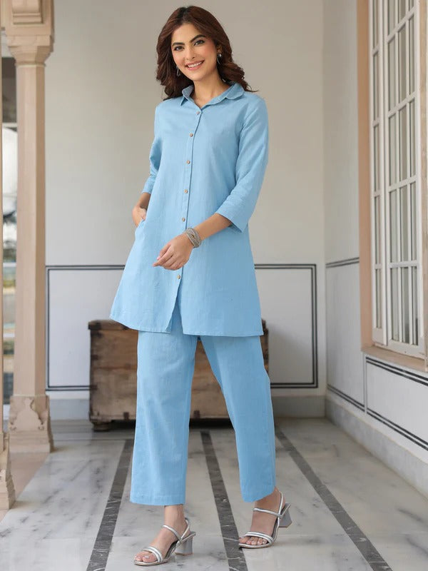 Light Blue Cotton Solid A-line Co-ord Set