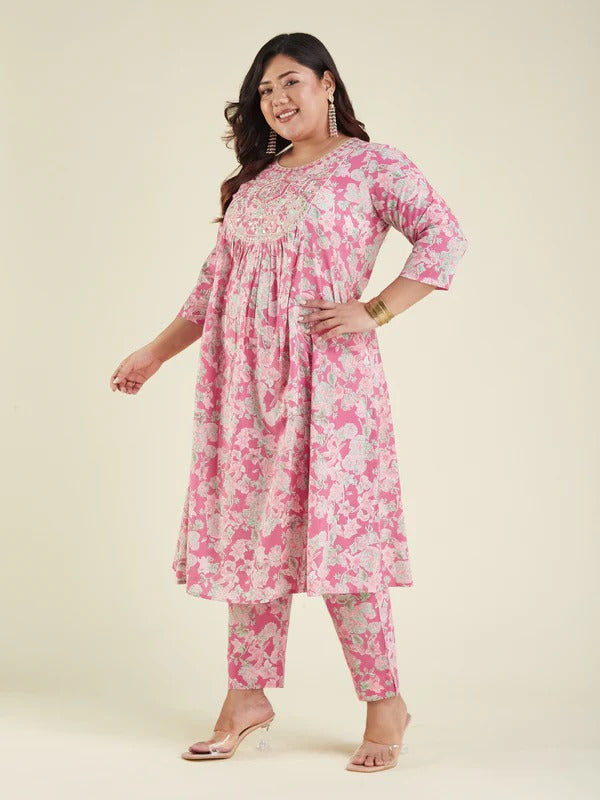 Women's Plus Size Pink Pure Cotton Yoke Embroidered Floral Printed A-line Kurta Set