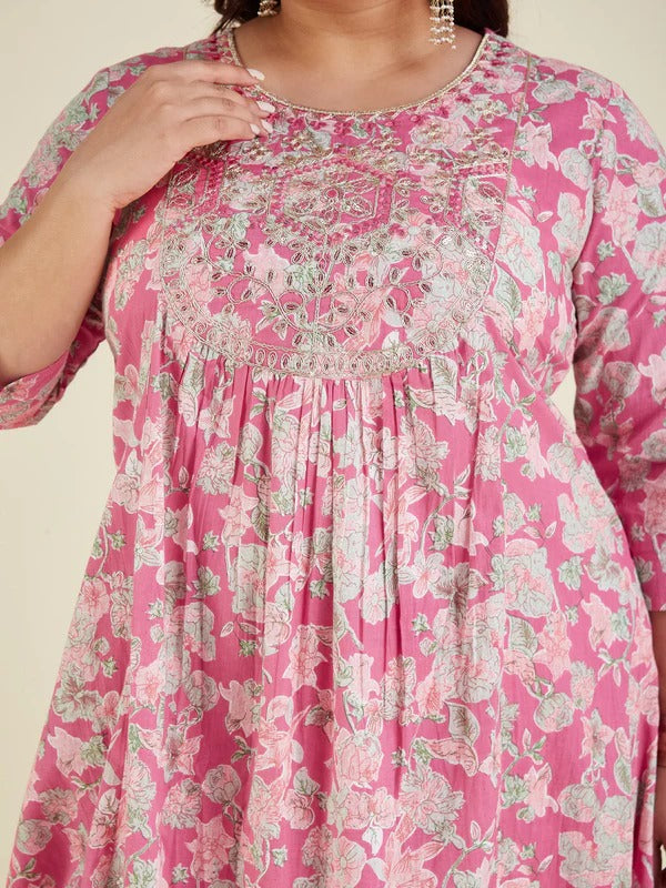 Women's Plus Size Pink Pure Cotton Yoke Embroidered Floral Printed A-line Kurta Set