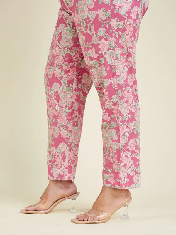 Women's Plus Size Pink Pure Cotton Yoke Embroidered Floral Printed A-line Kurta Set