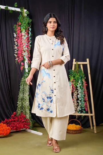 Off White Cotton Women’s Floral Printed Kurta Set