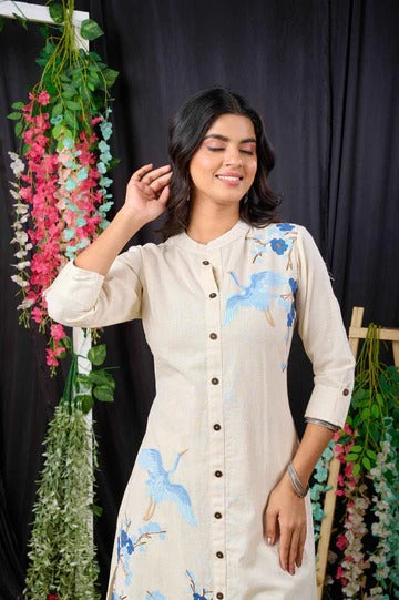 Off White Cotton Women’s Floral Printed Kurta Set