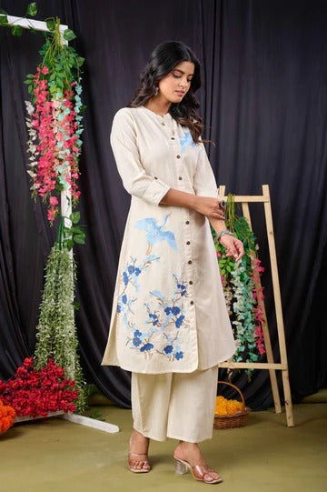 Off White Cotton Women’s Floral Printed Kurta Set