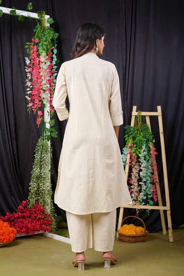 Off White Cotton Women’s Floral Printed Kurta Set