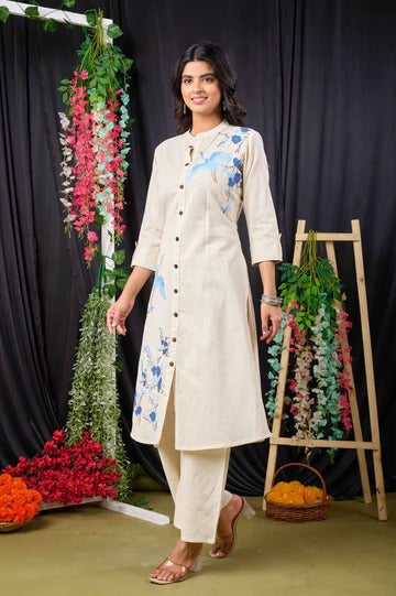 Off White Cotton Women’s Floral Printed Kurta Set