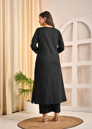 Black Cotton Women’s White Floral Kurta Set